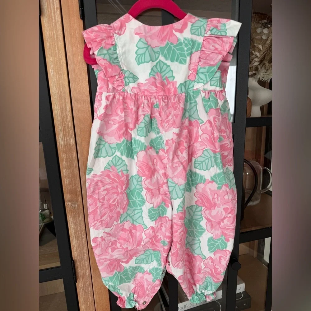 Vintage 80s floral jumpsuit baby girl bows roses coverall romper quirky colorful